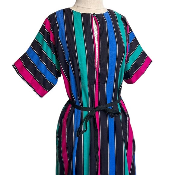 70s 80s vintage striped hippy dress caftan coverup cotton relaxed loose belt. - Picture 7 of 10